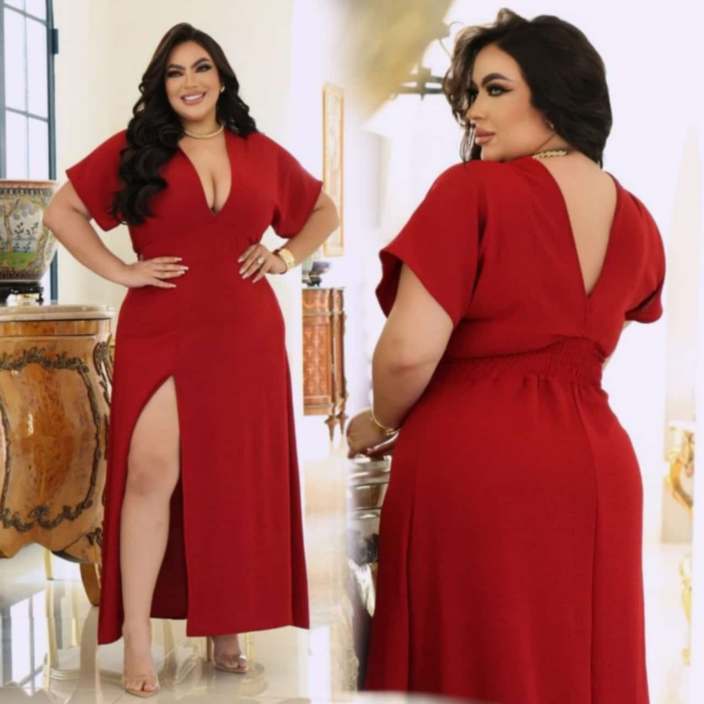 Vestido Longo Em Crepe Duna Forrado Com Elástico Na Cintura Detalhe Fenda Lateral Plus Size Ref:PA30 Modinha