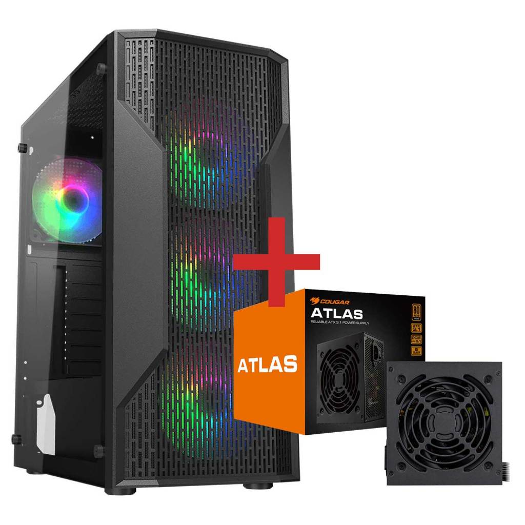 Imagem Gabinete Gamer Cougar MX110 RGB, Mid-Tower, x4 Fans RGB, Preto + Fonte Atlas 650W - 392BD20.0002