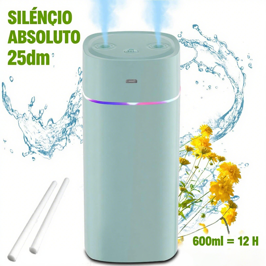 Umidificador De Ar Ultrassônico Bico Duplo ​Aromatizador De 600ml E Luzes Coloridas Led