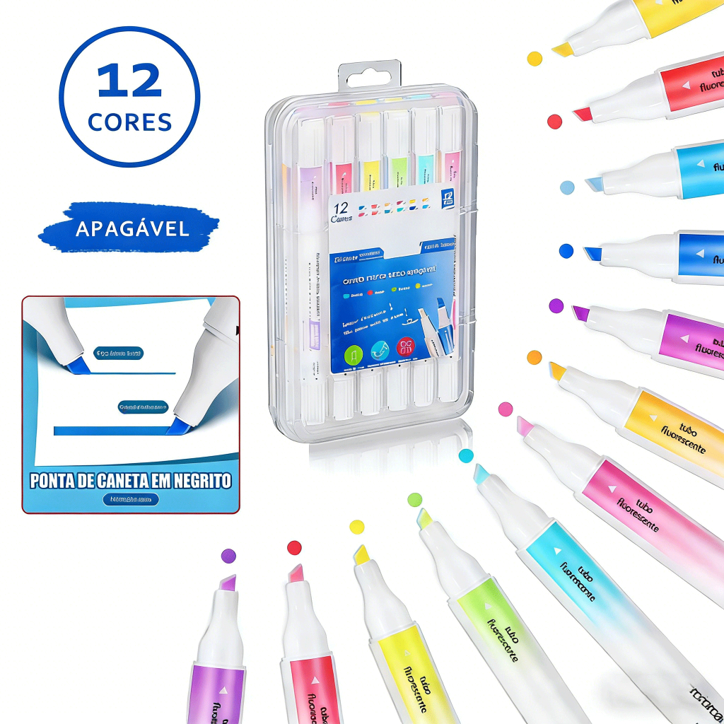 Kit 12 Marca Texto Apagável Dupla Caneta Proteção Dos Olhos Marca Texto Material Escolar Fofo Embalagem Em Caixa