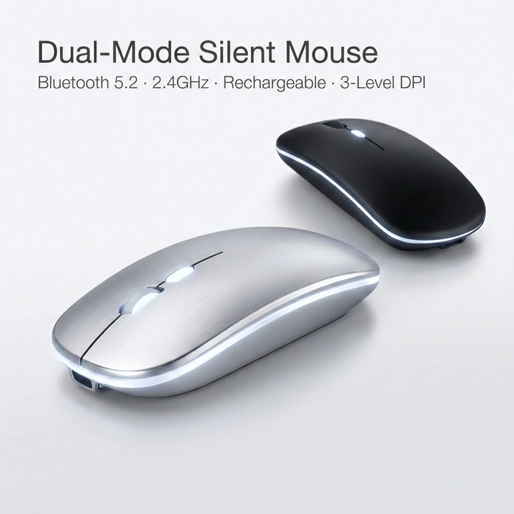 Mouse Sem Fio 2.4GHz + Bluetooth Recarregável Silencioso Compatível iOS/Android Notebook PC Tablet
