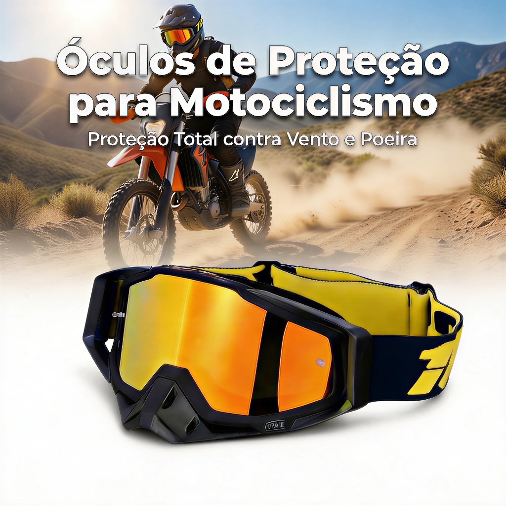 Óculos de Motocross/ATV com Lente Espelhada | Proteção 100% UV e à Prova de Vento, Poeira & Embaçamento