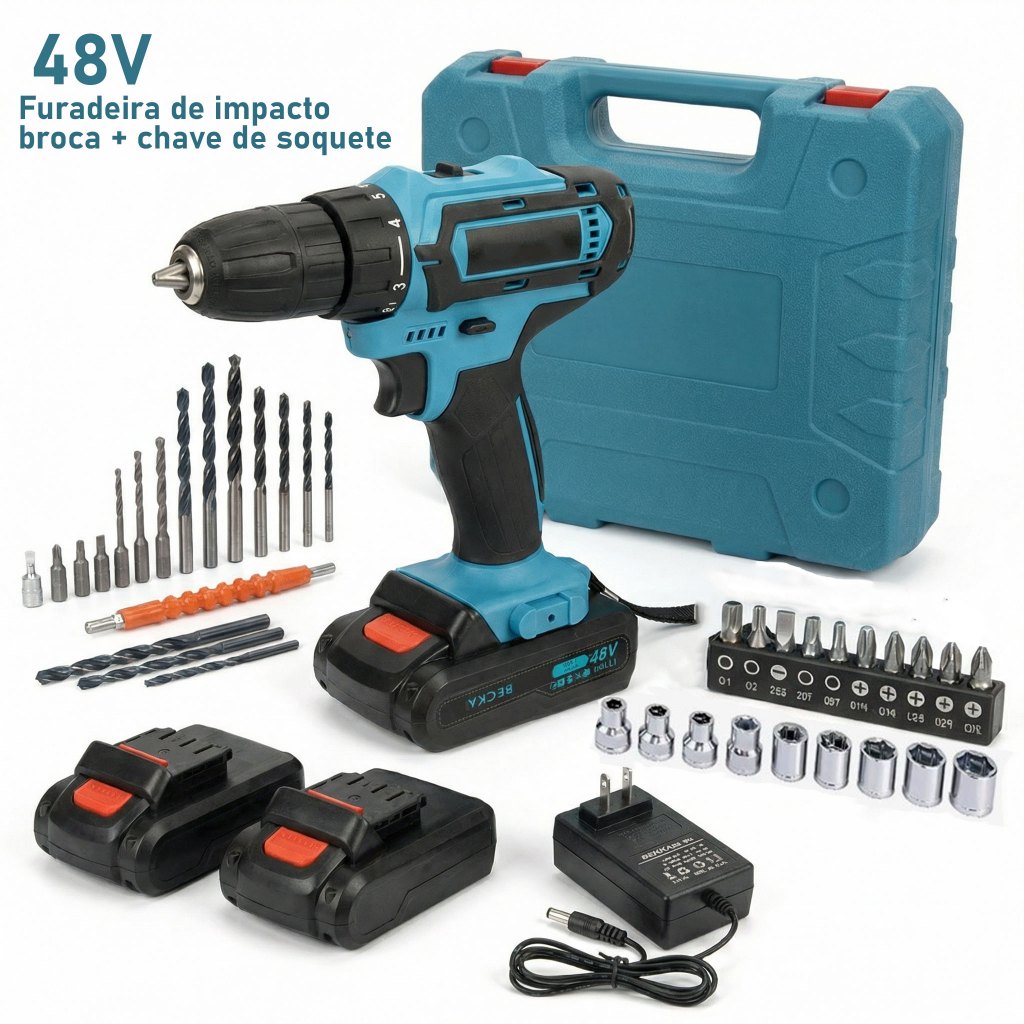 Parafusadeira e Furadeira de Impacto 48V 3 em 1 - Kit Sem Fio com 2 Baterias e Acessórios Completo