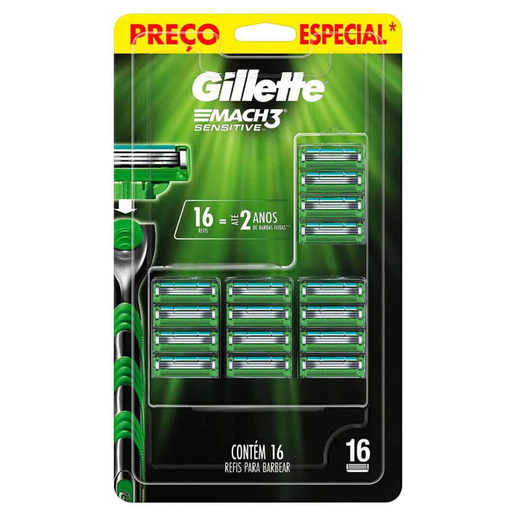 Carga Gillette Mach3 Com 16 Unidades Sensitive Ou Regular Refil Gillete P/ Aparelho Barbear Mach 3 Gilete Lâmina Gilette