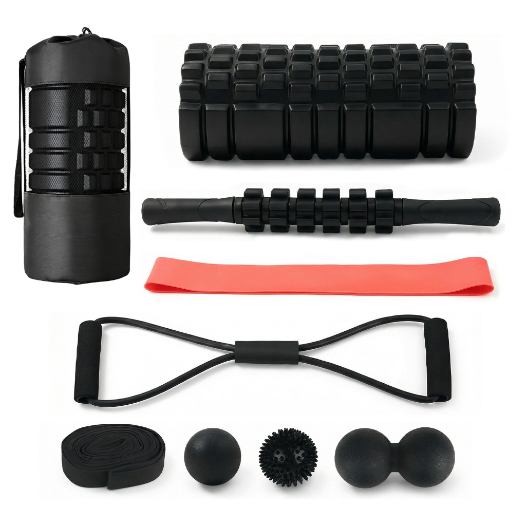 Kit de Yoga 9 em 1 de 33cm, incluindo bola de liberação miofascial, rolo de espuma, etc., para relaxamento e massagem