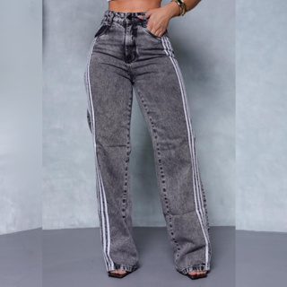 Calça Jeans Wide Leg Feminina Grafite Cintura Alta com Listras Laterais Estilo Esportivo Streetwear em Oferta na Shopee