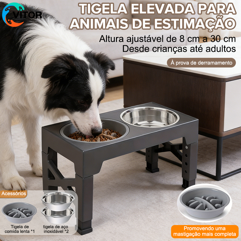 Comedouro Elevado Ajustável 5 Alturas para Cães, Dobrável com 2 Tigelas Inox + Comedouro Lento