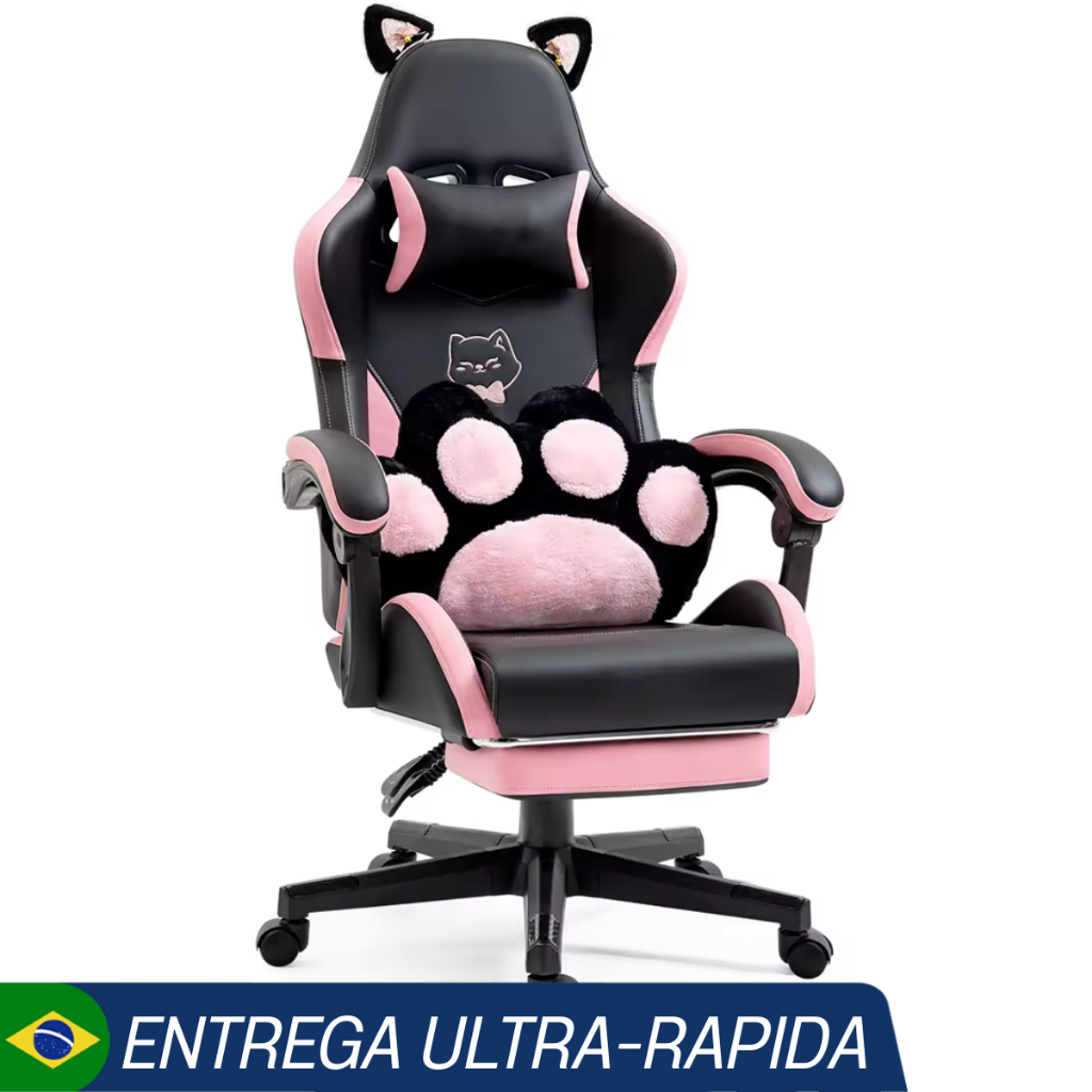 Cadeira Gamer Com Almofada Lombar Formato Pata De Gato e Orelhas De Gato Ergonômica PRETA
