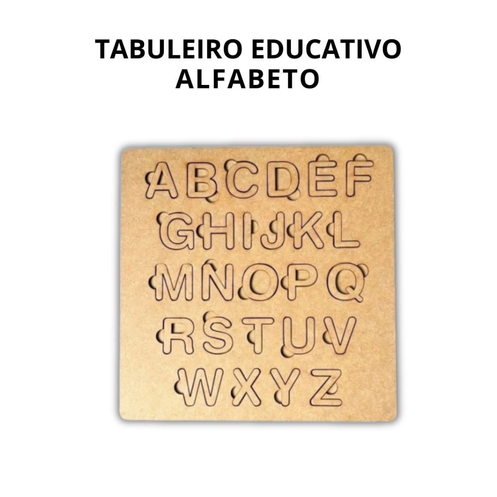 Kit 1 a 5 Tabuleiro Educativo Alfabeto 25x25cm em Mdf Cru 6mm 2 Camadas Letras