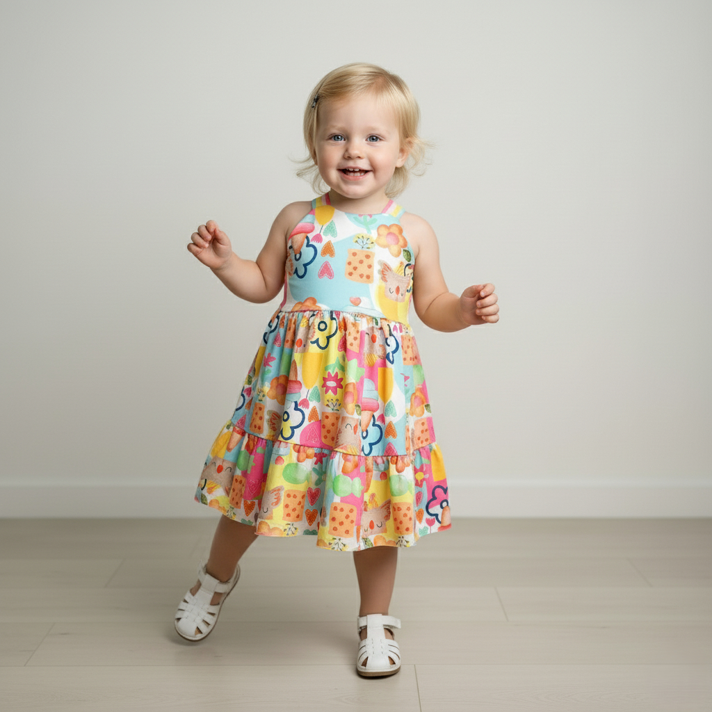 Vestido Infantil Feminino com Alças de Fita Estampas Sortidas em Tecido Leve e Fresquinho Premium