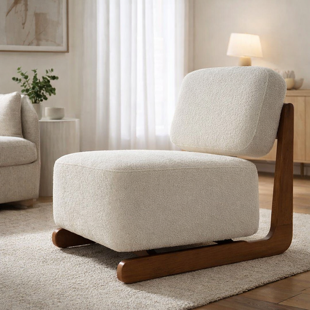 Poltrona Atom Design Flutuante Boucle Luxo Orgânica Recepção Closet Madeira Maciça Confortável