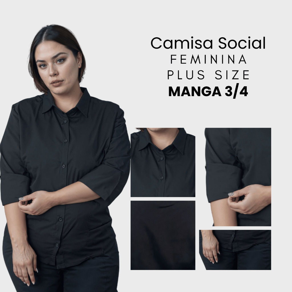 Camisa Social Feminina Manga 3/4 Plus Size Camisa Feminina Social Extra Grande Microleve Com Elastano Blusa Social Plus