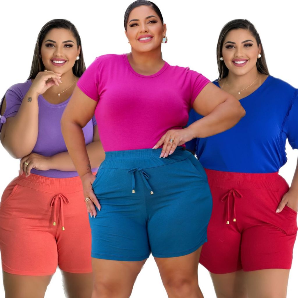Kit 3 Bermudas Femininas Plus Size Confortáveis - Cintura Alta Elástico e Bolsos( Veste 46 ao 58) em Oferta na Shopee