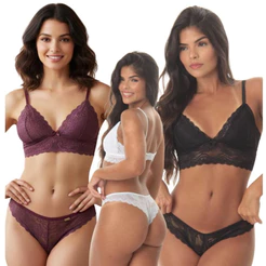 Kit 3 Conjunto Lingerie Calcinha Sutiã Sem Bojo Renda Confortável Cropped