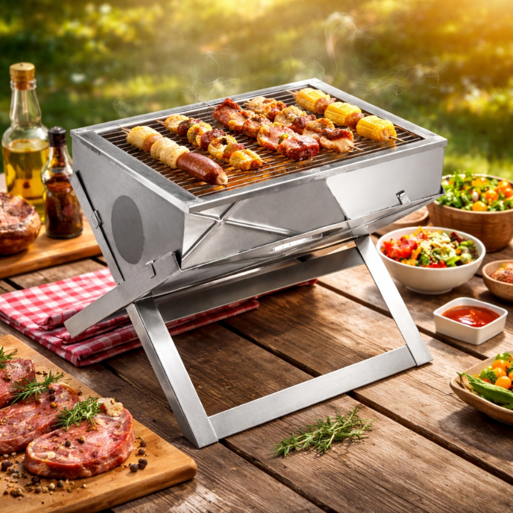 Churrasqueira De Inox Dobrável Portátil A Carvão Maleta