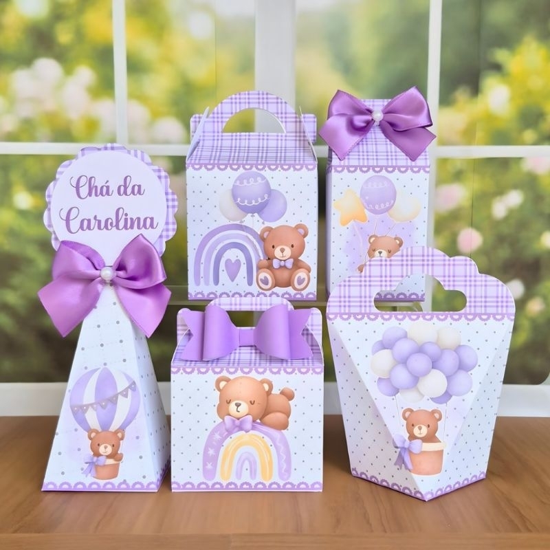 Kit Caixinhas Personalizadas Chá de Bebê tema URSINHO LILÁS - Mimos Lembrancinhas para Chá revelação