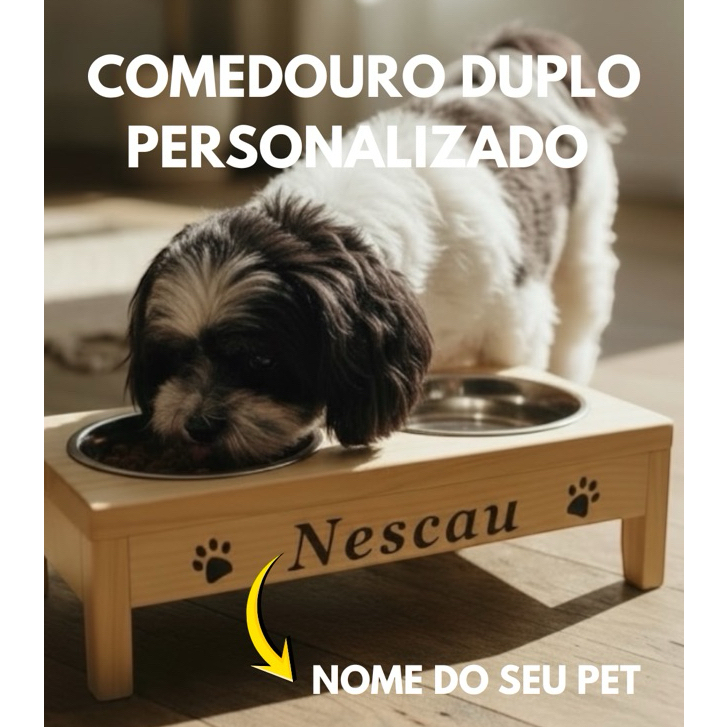 Comedouro Elevado Personalizado Duplo 10cm Porte Pequeno Inox Alimentador Pet Cachorro Gato