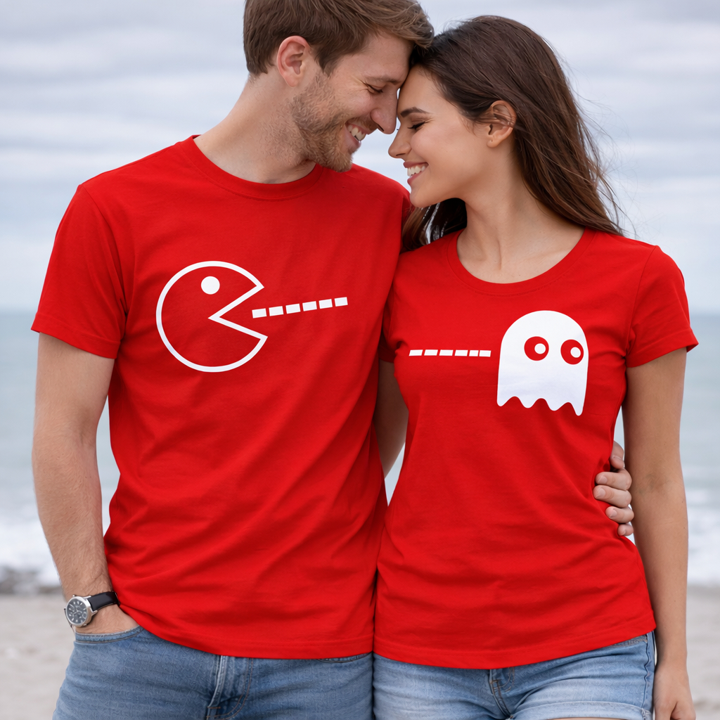 Kit Camisa Camiseta Conjunto Casal Estampa Criativa  Pac-man Come-Come Lançamento Algodão Oferta