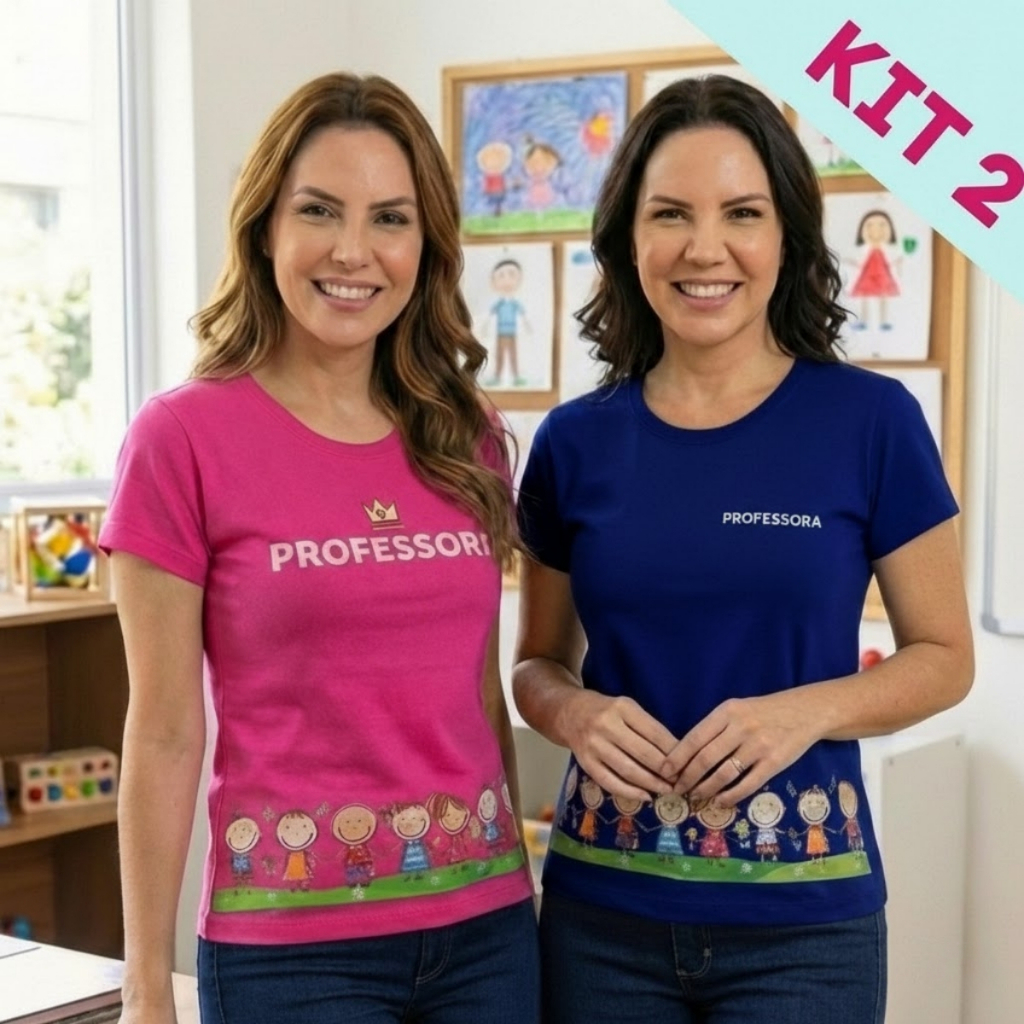 Kit 2 Camisa Feminina T-Shirt Baby Look Professora Azul+Pink em Oferta na Shopee