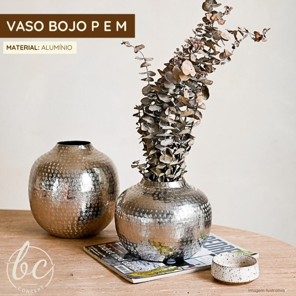Vaso Bojo Decorativo Alumínio Prata Texturizado Moderno Modelo P M Kit 2 Para Mesa Centro Aparador