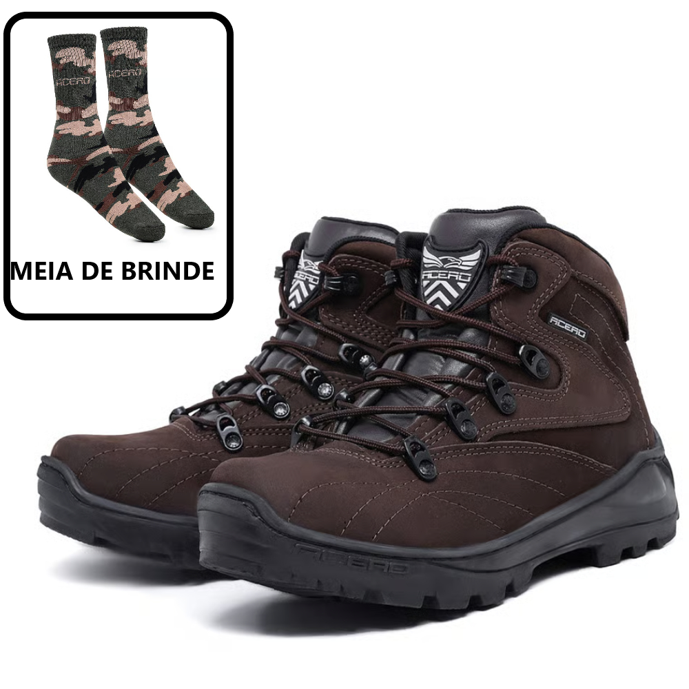 Bota Adventure Acero Couro Advanced Marrom + 1 Par de Meia Camuflada Acero
