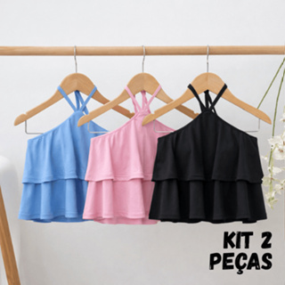 Kit 2 Croppeds Feminino Juvenil Top Faixa com Babados e Forro Amarração no Pescoço pra Adolescente em Oferta na Shopee