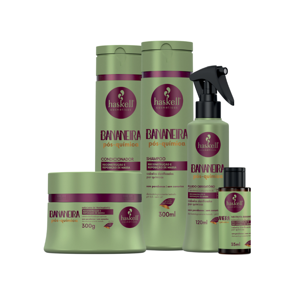 Kit Bananeira 300ml Haskell 5 itens - Shampoo, Condicionador, Mascara, Fluido e Nectvita