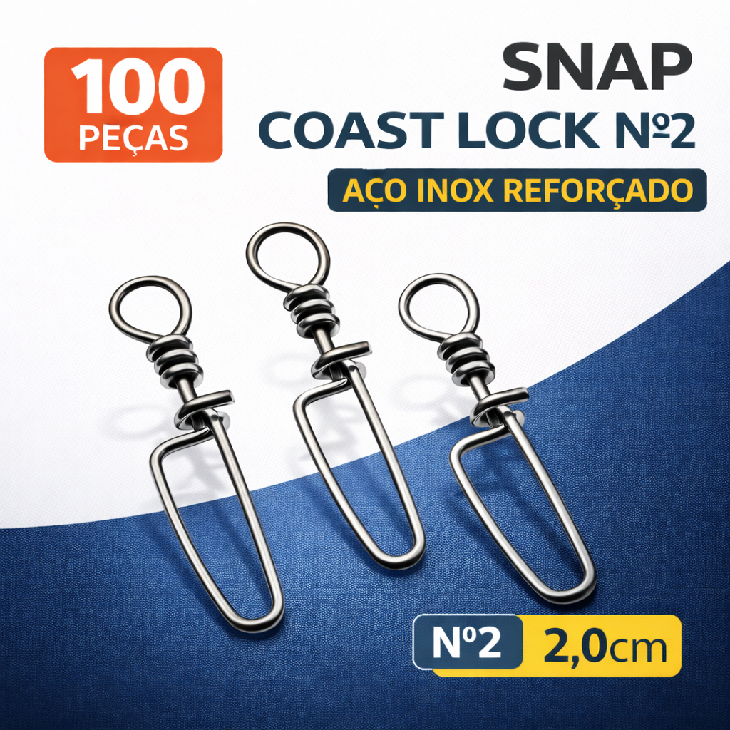 Snap Pesca Coast Lock Nº2 Leve e Resistente Aço Inox 100 Peças Engate Rápido para Iscas Artificiais
