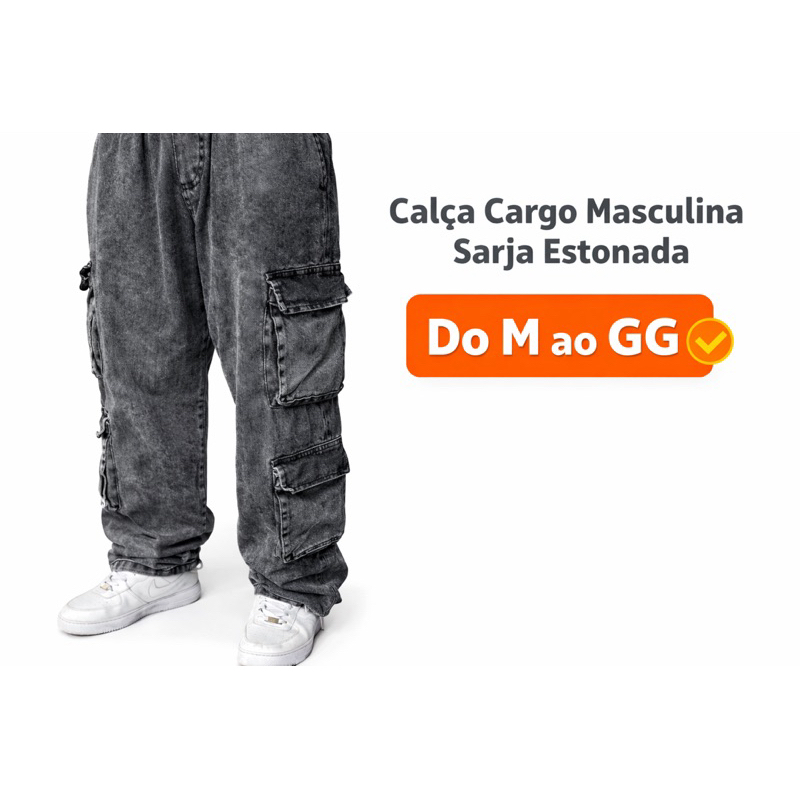 Calça Cargo Masculina Cinza 8 Bolsos jeans Estonada Estilo Streetwear M ao GG