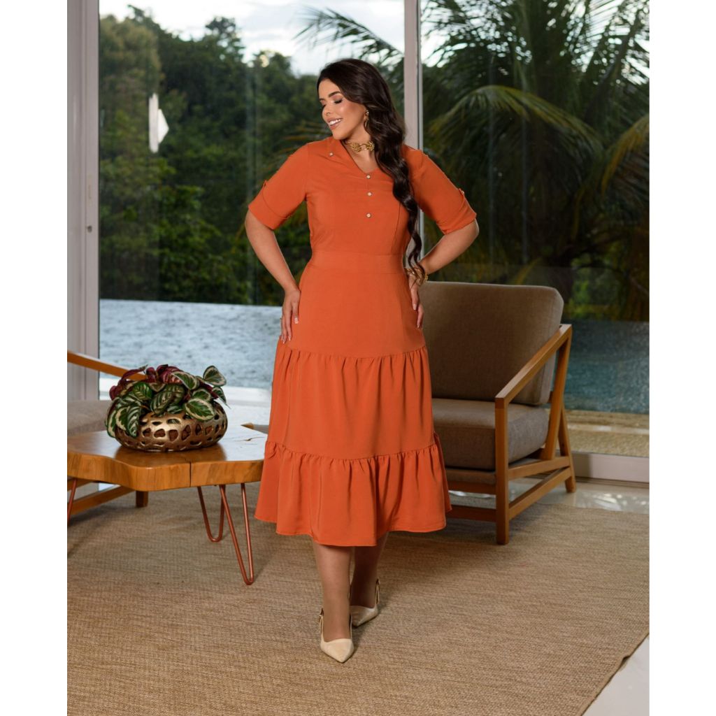 Vestido Thais Max Midi Decote V Elegante em Oferta na Shopee