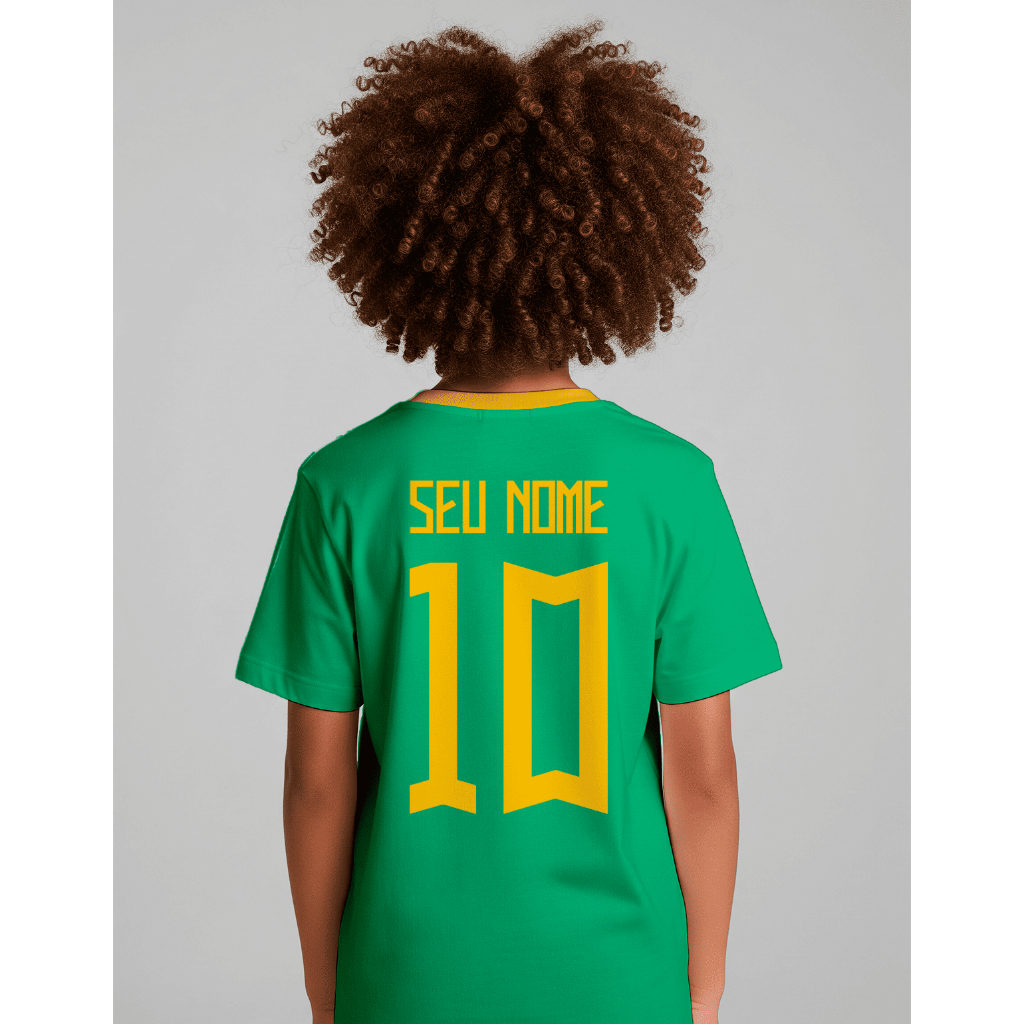 Camiseta Do Brasil Com nome Atrás Infantil Verde e Amarela Roupas para copa do mundo