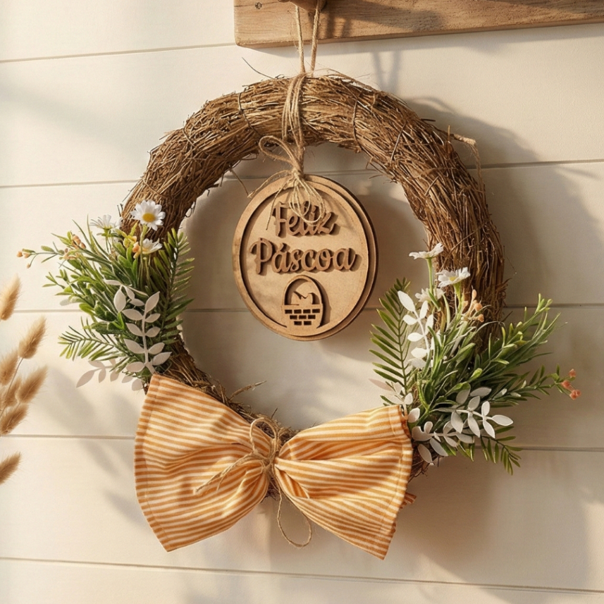 Guirlanda Páscoa Rústica 30cm Enfeite Porta Base Natural Laço Tecido Premium em Oferta na Shopee