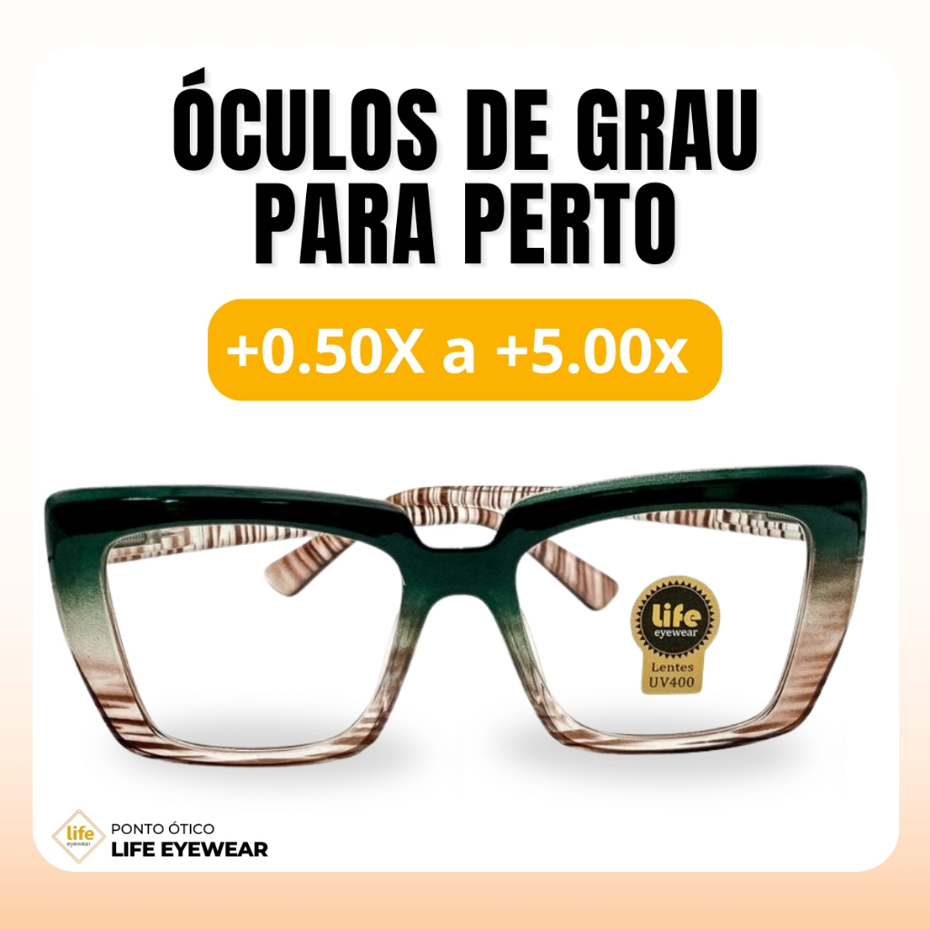 Óculos Quadrado Marília Grau +0,50 a +5,00 Feminino Leitura Hipermetropia Verde Leopardo