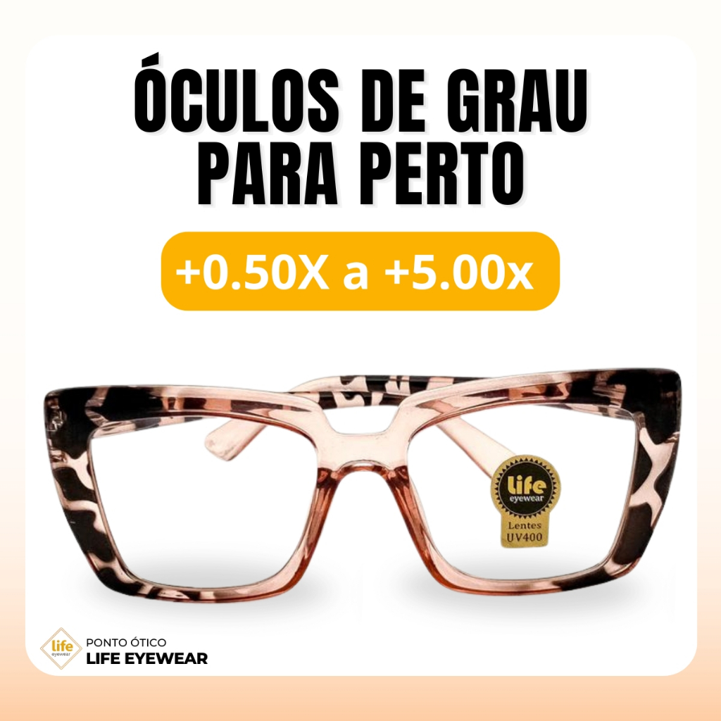 Óculos Quadrado Marília Grau +0,50 a +5,00 Feminino Leitura Hipermetropia Rosa Oncinha