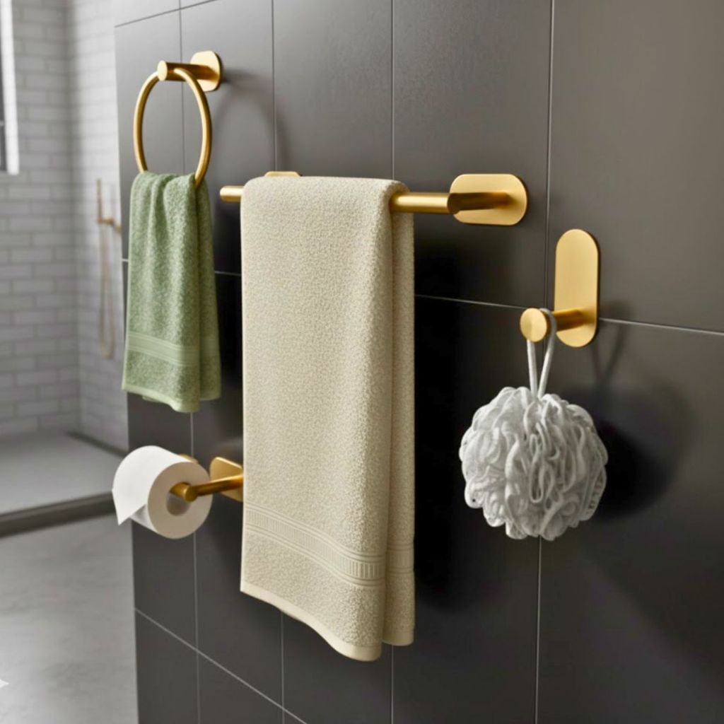 Kit Acessórios Banheiro Gancho Papeleira Cabide Toalheiro Sem Furo Adesivo 4 Peças Aço Inox Dourado