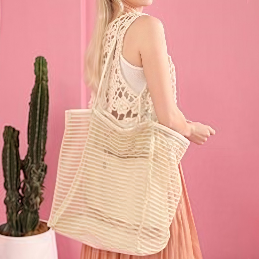 Bolsa de malha de praia leve e dobrável com bolso com zíper para mulheres, férias, praia, piscina, viagem em Oferta na Shopee