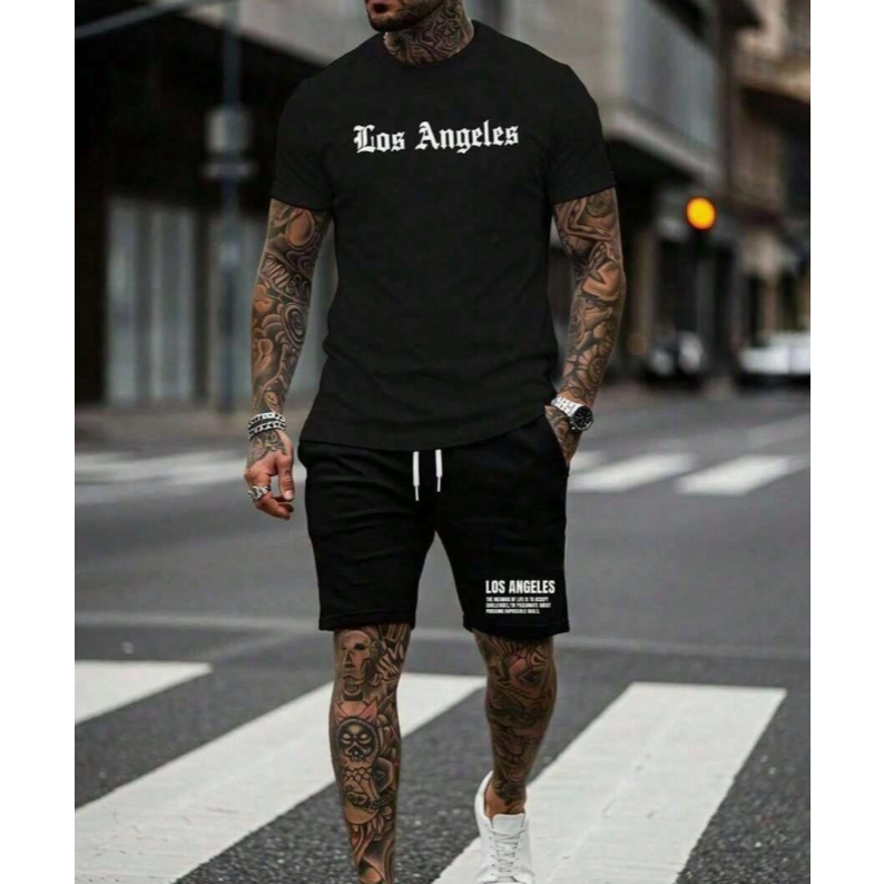 Conjunto Masculino Camiseta e Short Los Angeles Camisa Importada Malha 100% Algodao Short Moletinho Com Bolso Casual