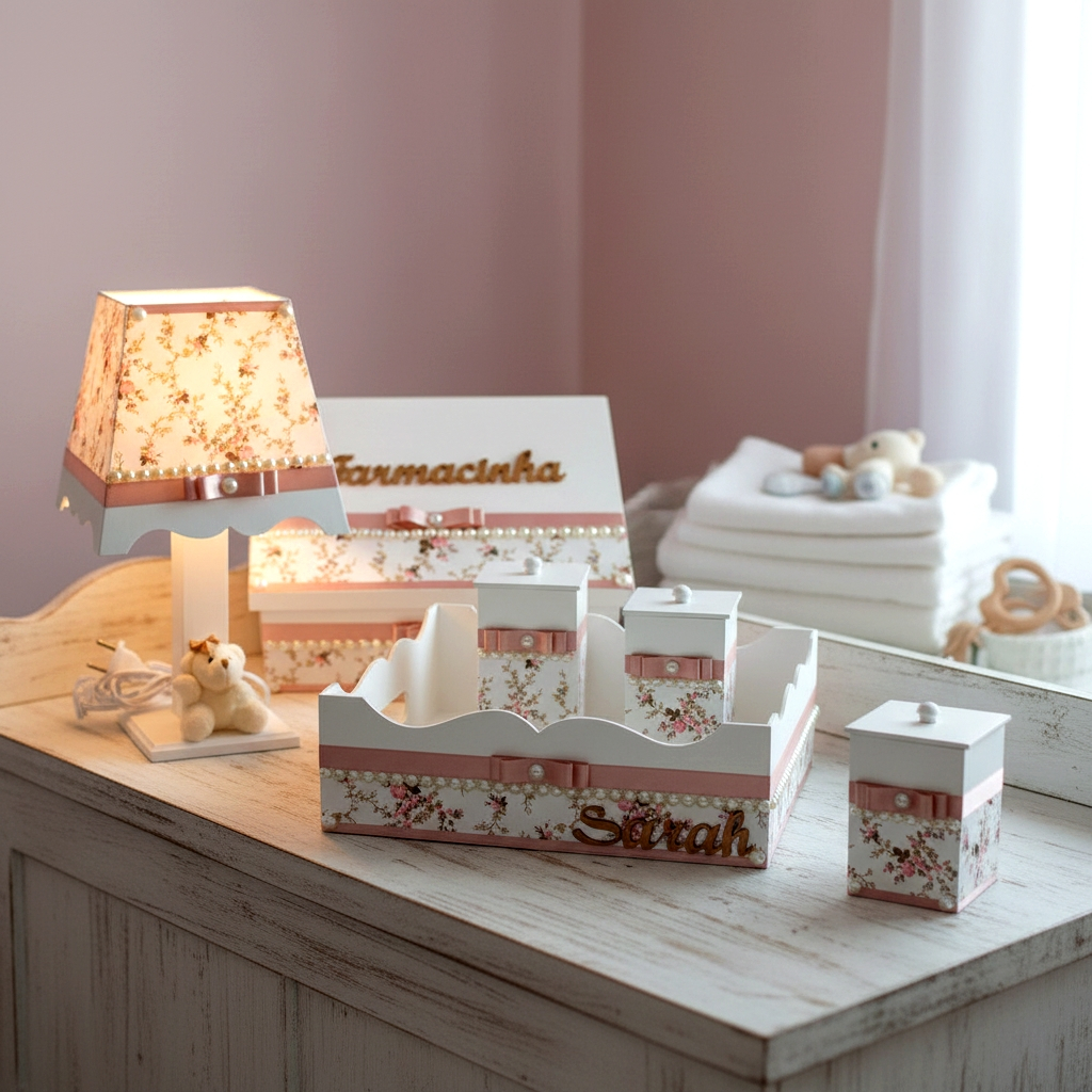 Kit higiene quarto bebe menina mdf com nome Rosê Branco florido Pérolas