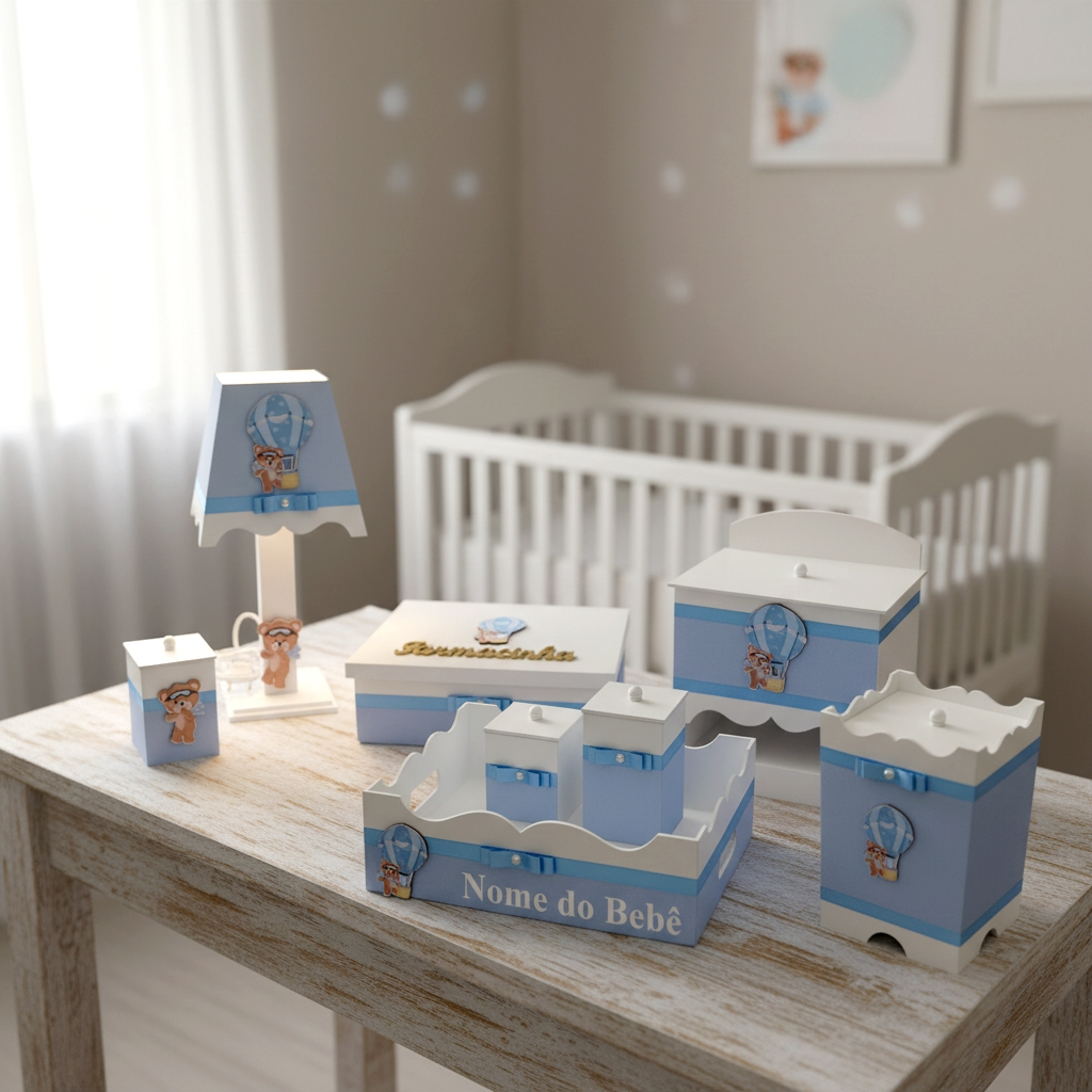 kit farmacinha bebê higiene menino masculino com nome - urso balão branco e azul bb