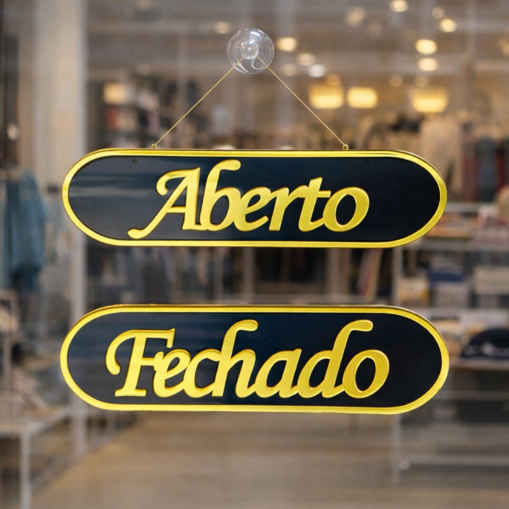Placa Sinalização Aberto Fechado em Acrílico Espelhado Com Ventosa Porta Comércio