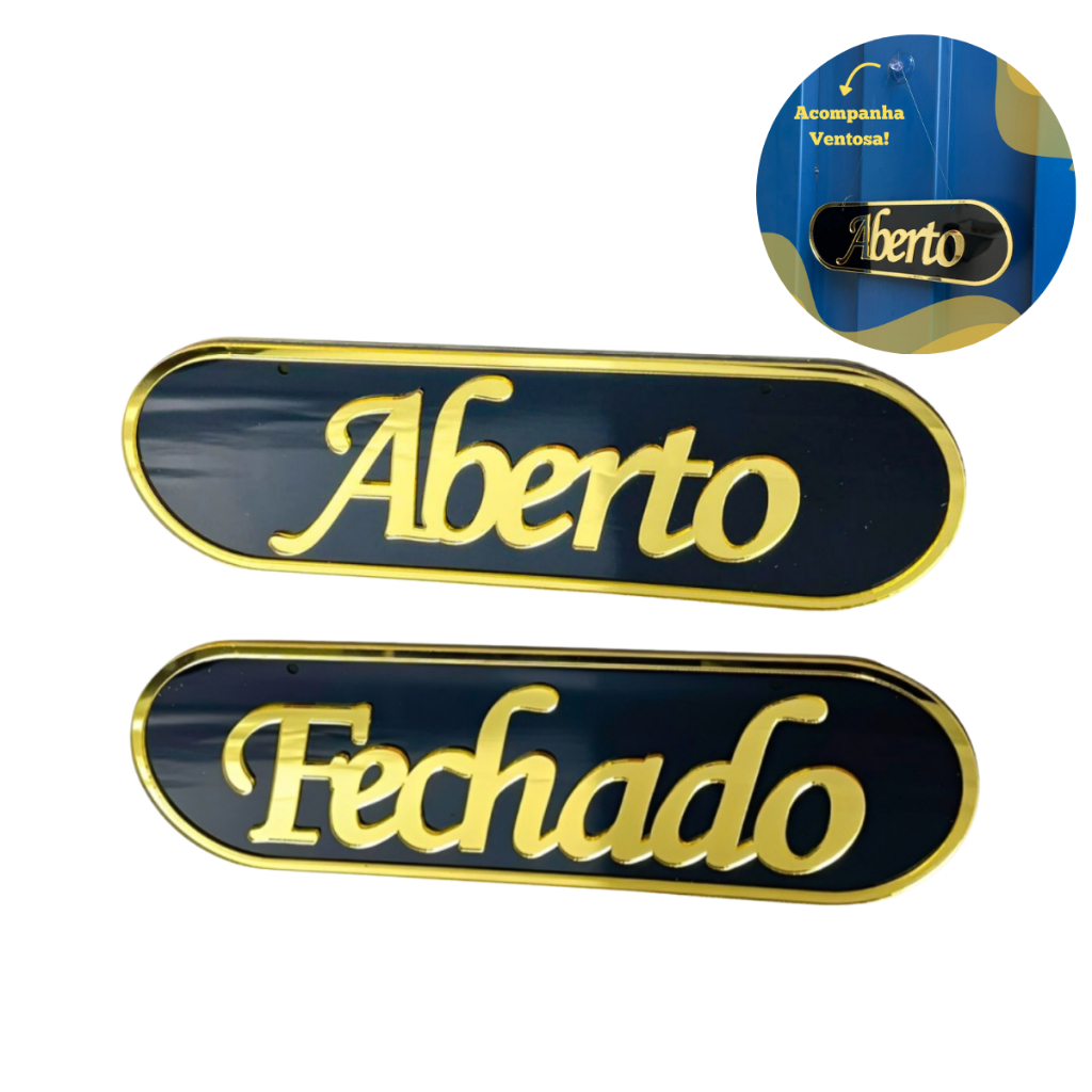 Placa Sinalização Aberto Fechado em Acrílico Espelhado Com Ventosa Porta Loja