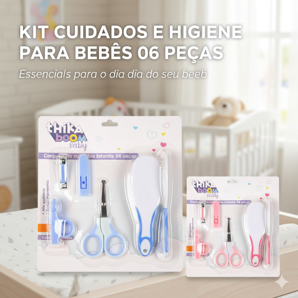 Kit Higiene Bebê 6 Peças Completo | Tesoura, Cortador, Escova e Pente | Seguro e Portátil