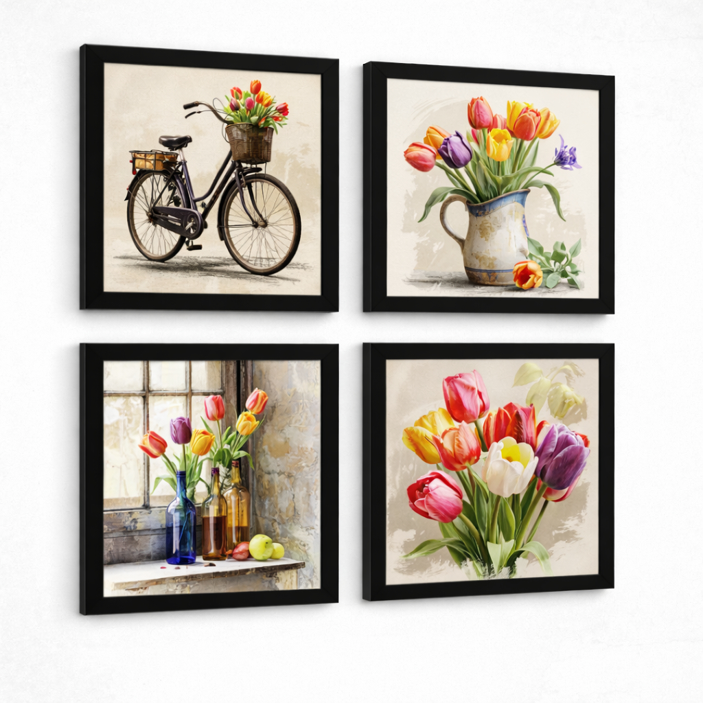 Kit Quadros Decorativos Tulipas Vintage – 4 Peças com Moldura Preta para Sala, Quarto ou Lavabo