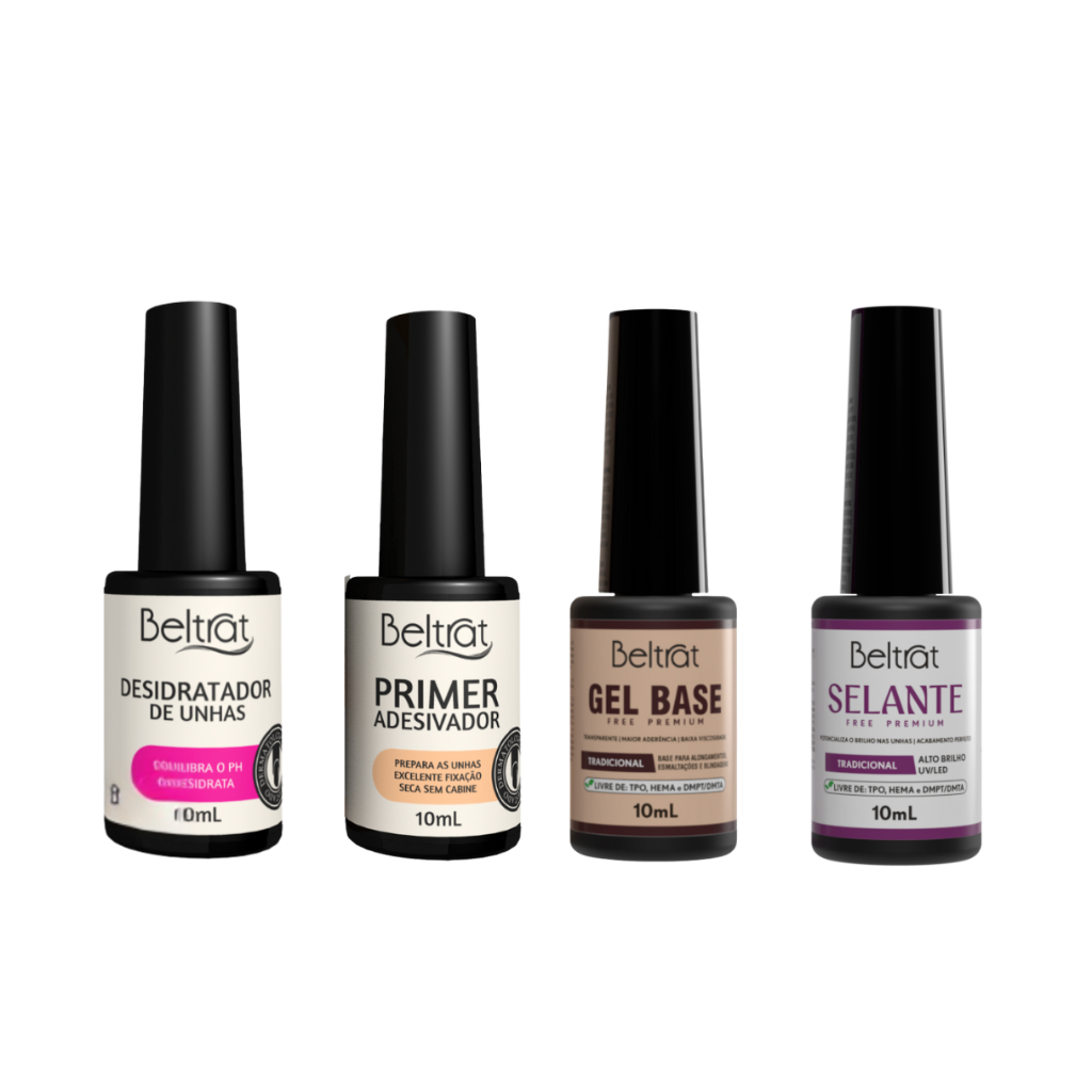 Kit Blindagem para Alongamento de Unhas em Gel Beltrat Desidrat, Primer sem Ácido, Gel Base, Selante