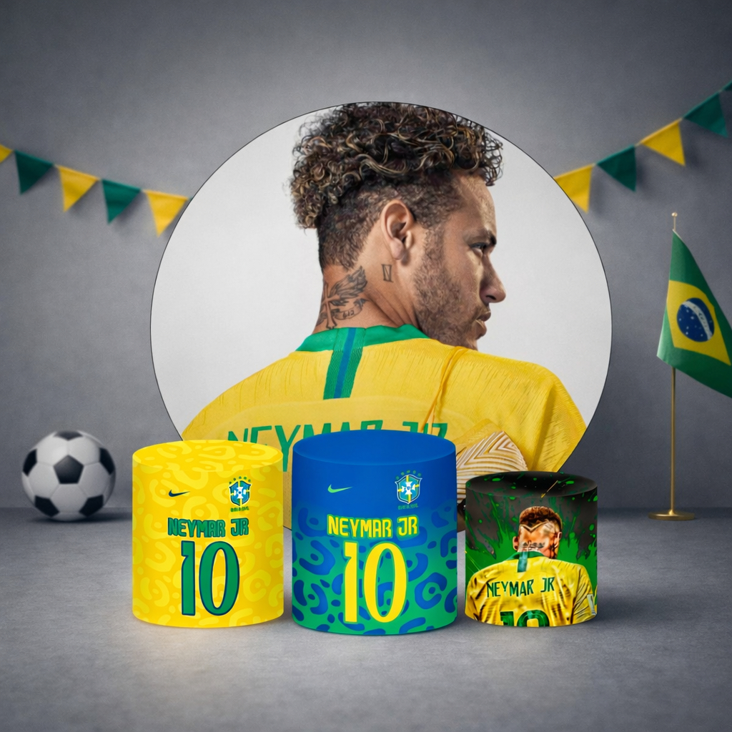 Kit Decorativo Painel Redondo + Trio de Cilindros Times Seleção Brasileira Copa Do Mundo Hexa 2026