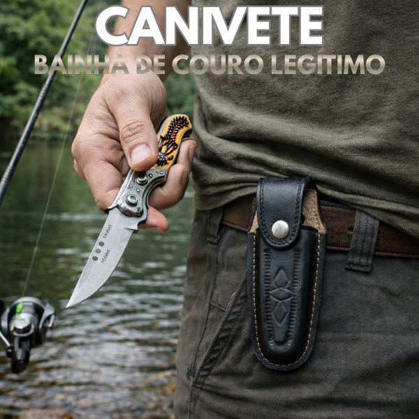 Canivete Automatico Aço Inox Com Trava 15cm Pesca Camping Uso Domestico Cabo De Osso Bainha de Couro