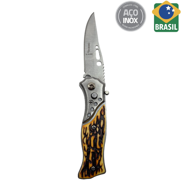 Canivete Saque Automático em Aço Inox com Trava15cm Cabo de Osso Com Bainha de Couro Legitimo