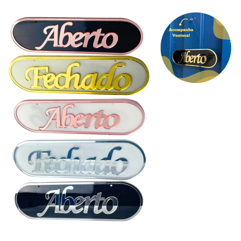 Placa de Sinalização Aberto Fechado em Acrílico Espelhado Com Ventosa Porta