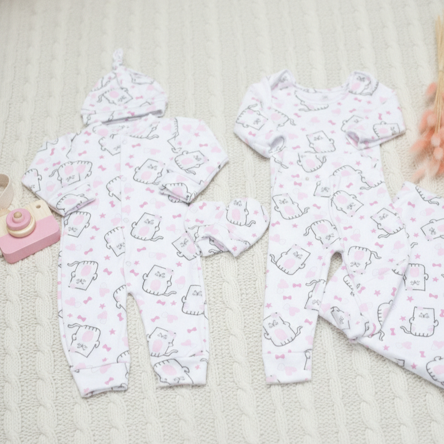 Saída de Maternidade Bebê Menina Gata Bolinha 6 Peças 100% Algodão Kit Completo Luxo Confortável