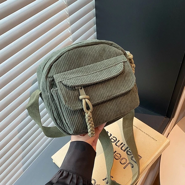 Bolsa transversal de veludo cotelê, grande capacidade, vários bolsos, leve, fecho de zíper